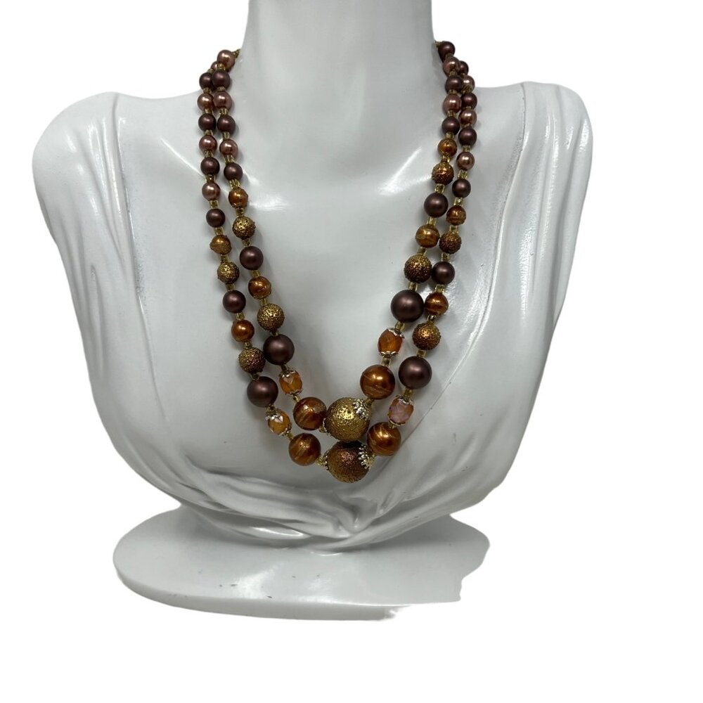 Brown Beaded Necklace Double‎ Strand Textured Decorated Beads Vintage Japan